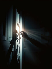 A hand unlocking a heavy steel door with a light emanating from within the shadows.. AI generation.