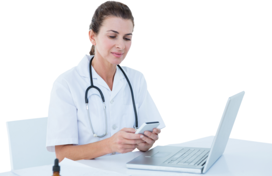 Female doctor using mobile phone with laptop on table - Powered by Adobe