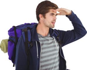 Man with backpack shielding eyes