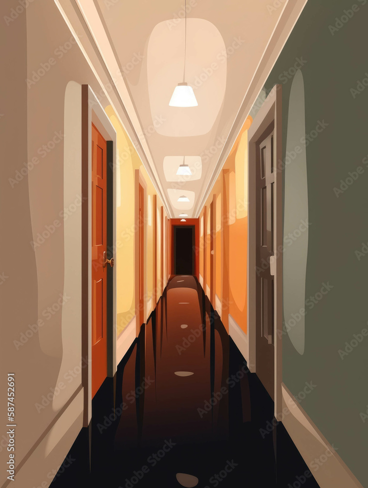 Poster the view down a long corridor of locked doors the sound of muffled voices coming from one of them.. 