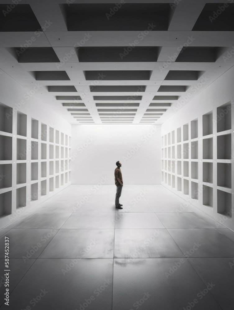 Poster a single person standing in the center of a large empty room their eyes scanning the walls.. ai gene