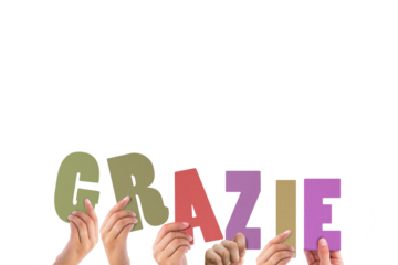 Colorful alphabet spelling thank you in Italian held up by people