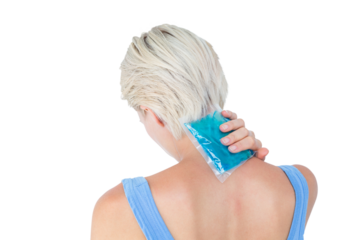 Blonde woman putting gel pack on neck 