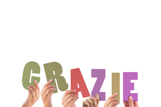 Colorful alphabet spelling thank you in Italian held up by people 