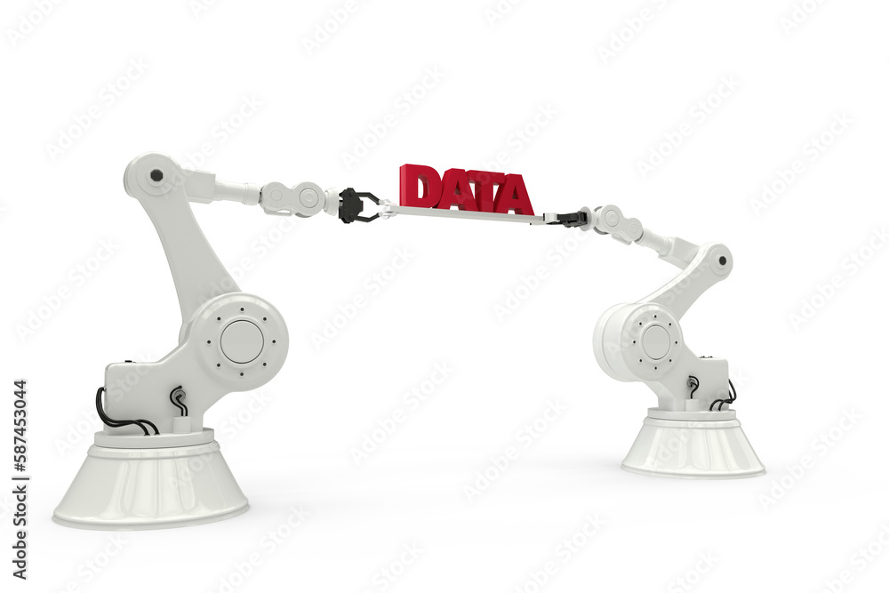 Poster robotic hands holding red data text over white background
