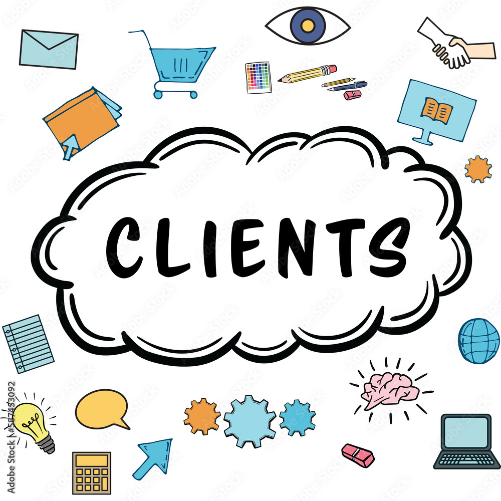 Poster clients text amidst various vector icons