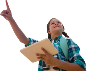 Low angle view of girl holding digital tablet