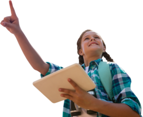 Low angle view of girl holding digital tablet