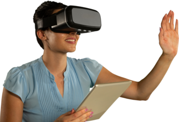 Female use virtual reality headset with digital tablet