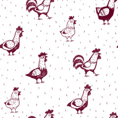 Abstract seamless pattern with chicken. Sketch chickens illustration. Cartoon character Hen endless ornament. Cock repeat print. Cute cockerel and hen  on decorative background. Zoo pattern