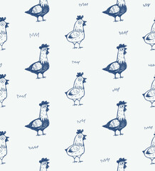 Fototapeta premium Abstract seamless pattern with chicken. Sketch chickens illustration. Cartoon character Hen endless ornament. Cock repeat print. Cute cockerel and hen on decorative background. Zoo pattern