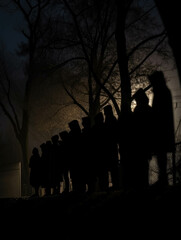 A line of dark silhouettes stand shoulder to shoulder their faces shrouded by the night.. AI generation.