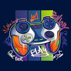 Vector Gamepad on digital background and street art style lettering. Gaming poster. Game pad print with graffiti words Play, win, gamer over, new level, enjoy, fun. © Kseniia Koval