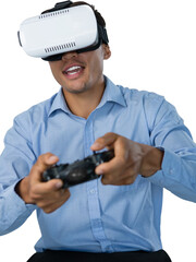 Businessman wearing VR glasses while playing video game