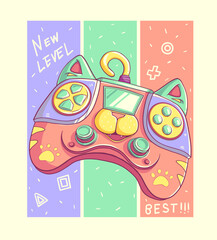 Colorful cartoon gaming poster with gamepad illustration in 70s style. Doodle game pad. Phrase new level, best. Gamer print. Girlish gaming art. Cat doodle character gamepad. Digital cyberpunk print © Kseniia Koval