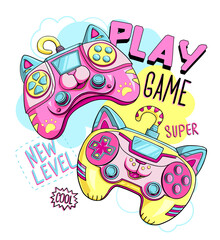 Gamepad poster. Cartoon cat gamepads characteron colorful spots background, text Play, cool, game, super, new level. Colorful gaming print. Kids game illustration. © Kseniia Koval