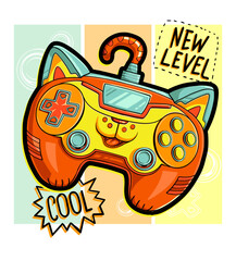 Cartoon gamepads tiger character. Cata gamepad illustration. Doodle game pad print. Tabby cat robot. Text New level, cool. Gaming art © Kseniia Koval