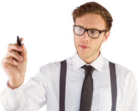 Geeky businessman writing with marker