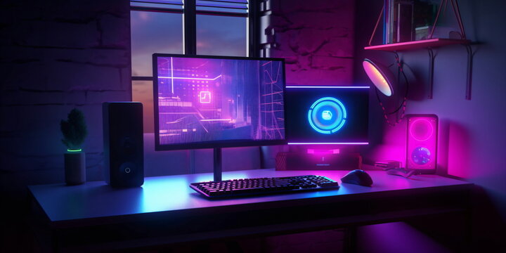 Moderner Gaming Streamer Schreibtisch mit Neonlichter, Computer- und Technikkonzept - mit KI erstellt 