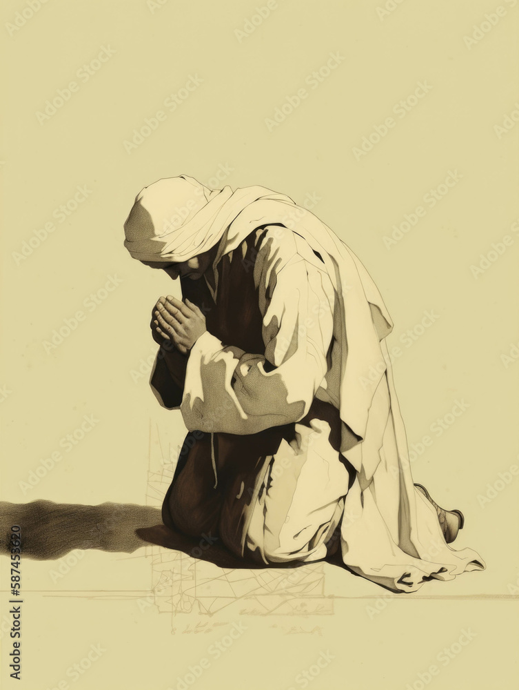 Poster a figure crouching in a corner their hands clasped in prayer.. ai generation.