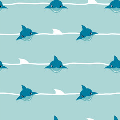 Abstract seamless shark pattern. Cartoon sharks repeat ornament. Fish predator silhouette on blue background. ocean repeat print for boy, sport textile, clothes, wrapping paper.