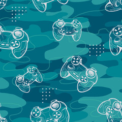 Linear gamepads seamless pattern on camouflage repeat background. Camo ornament. Gamepad repeated print. Game over gaming wall © Kseniia Koval