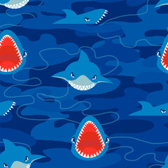 Obraz na płótnie Canvas Abstract seamless vector pattern with shark on camouflage background. Cartoon Predator skarks illustration. Wave military repeat print with evil fish. Underwater ornament