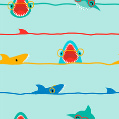 Abstract seamless catoon shark pattern. Lines background with predator fish. Linear repeat print for kid, boy, textile, clothes, wrapping paper. Kids shark ornament