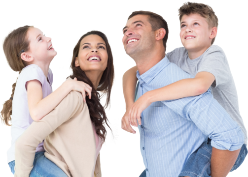 Parents giving piggyback ride to children while looking up - Powered by Adobe