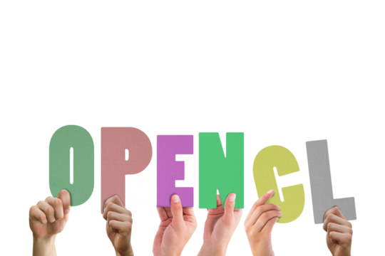 Colorful alphabet spelling OpenCL held up by people 