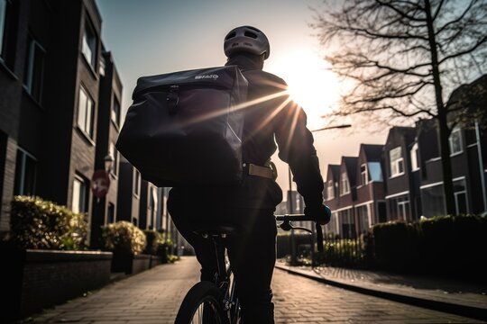 A dynamic image of a man on a bicycle, speeding through the busy streets of the city to deliver fresh food to his customers.