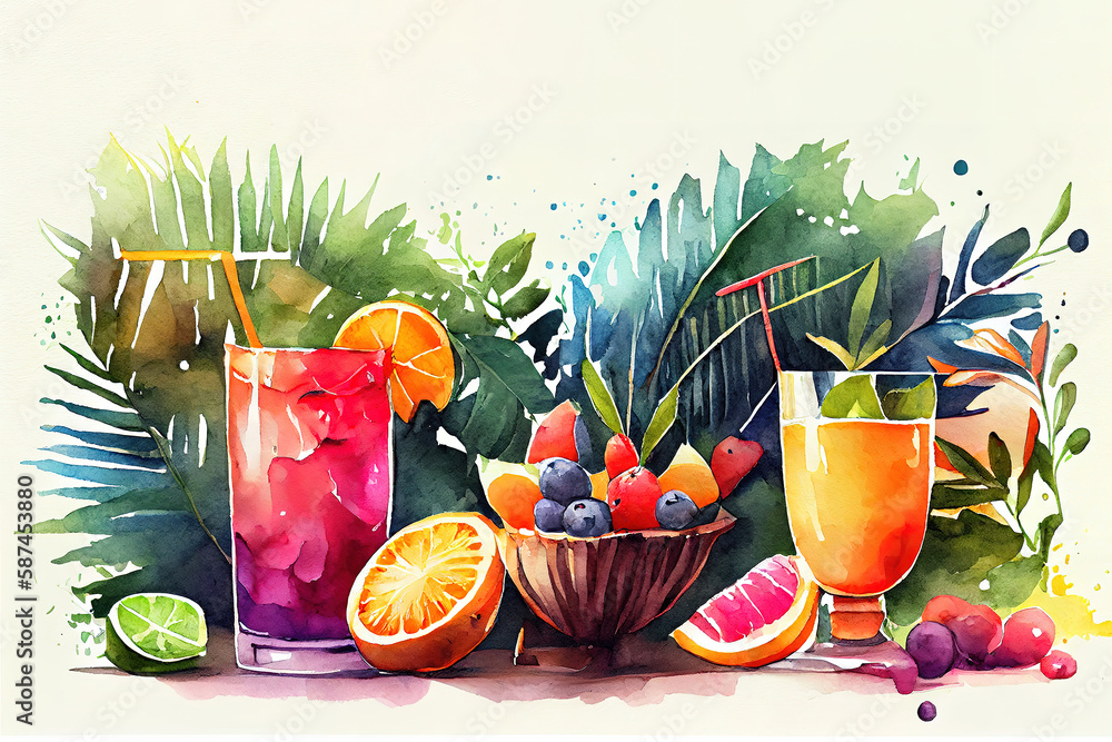 Wall mural watercolor illustration composition for the design and decoration of menus bars. generative ai