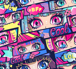 Fototapeta premium Abstract seamless anime girl pattern. Girlish Eyes repeat ornament. Manga girls illustration on comics background with speech cloud, hashtag, text Cool, lol, write. Asian beauty face endless print