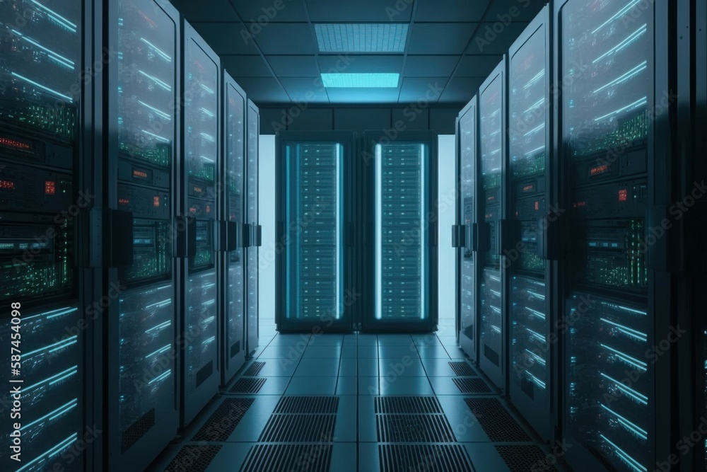 Poster modern data center with computer servers. ai generated, human enhanced.