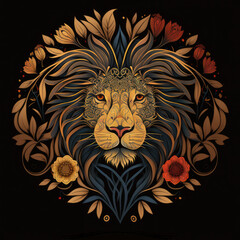 Ornate lion mandala art on a black background.  Created with Generative AI technology.