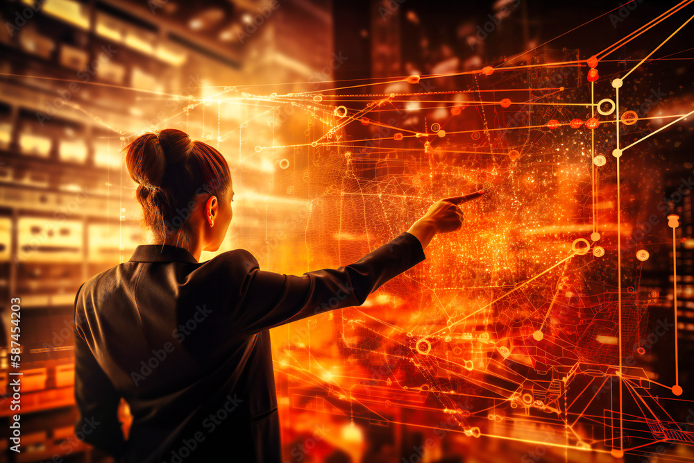 Poster a business professional pointing to a digital growth plan, representing a forward-thinking approach 