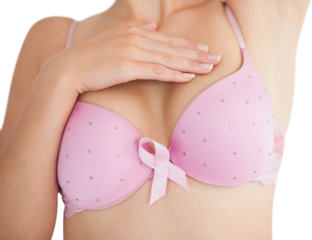 Mid section of woman in bra for breast cancer awareness