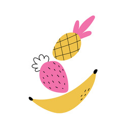 Cute cartoon summer fruits - vector illustration. Cute character - pineapple, strawberry, banana. Doodle summer fruit