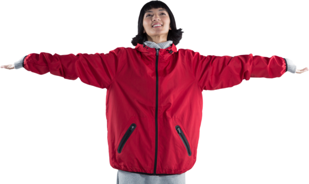 Smiling woman standing with arms outstretched - Powered by Adobe