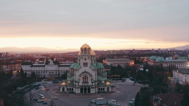 Aerial View at morning sunrise to the St. Alexander Nevsky Cathedral in the Sofia the capital of Bulgaria, balkan and travel to Bulgaria concept