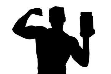 Fototapeta na wymiar Man holding container while flexing muscle