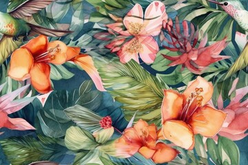 tropical flowers and birds in watercolor painting style. Generative AI