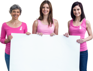 Women in pink outfits holding board for breast cancer awareness