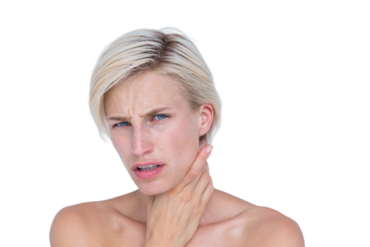 Pretty blonde suffering from throat pain 