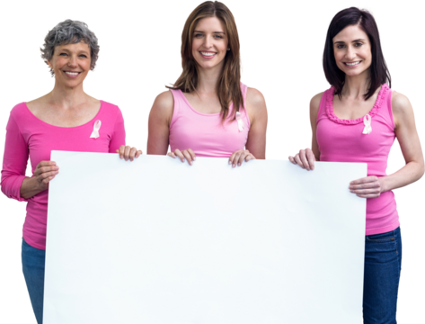 Women in pink outfits holding board for breast cancer awareness