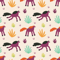 Seamless vector pattern with cute purple horses. Modern design for fabric and paper, surface textures.	
