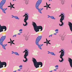 Seamless vector pattern of colorful underwater world with cute mermaids and fish. Modern design for fabric and paper, surface textures.