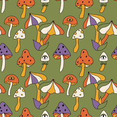 Vector seamless pattern with vintage hippy style mushrooms on green background. Groovy design for fabric and paper, surface textures.	
