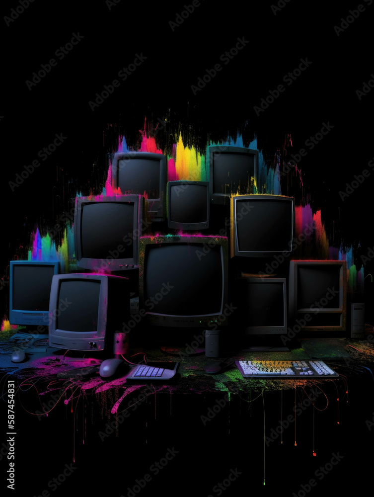 Poster an array of computers and monitors each one flashing a mysterious message.. ai generation.