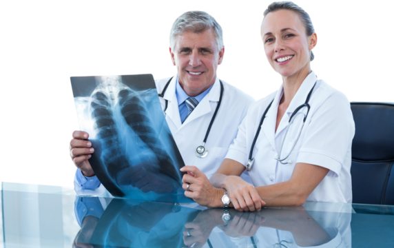 Portrait of male and female doctors with chest X-ray - Powered by Adobe